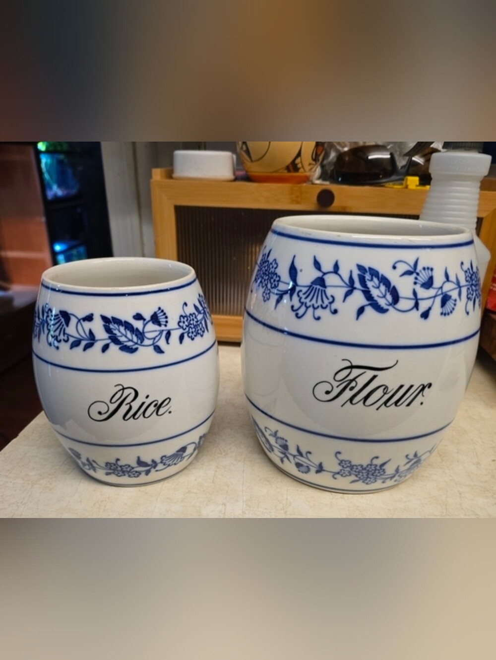 Blue & White Ceramic Rice and Flour Canisters